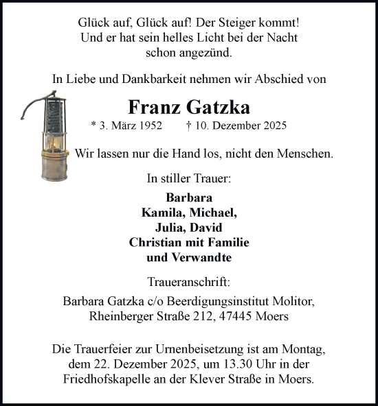 Traueranzeige von Franz Gatzka von Tageszeitung