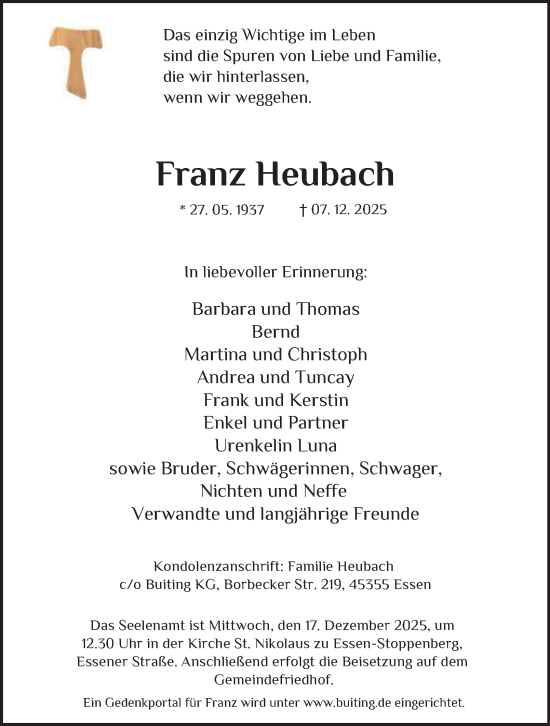 Traueranzeige von Franz Heubach von Tageszeitung