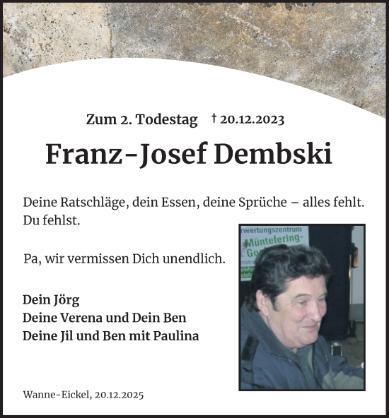Traueranzeige von Franz-Josef Dembski von Tageszeitung