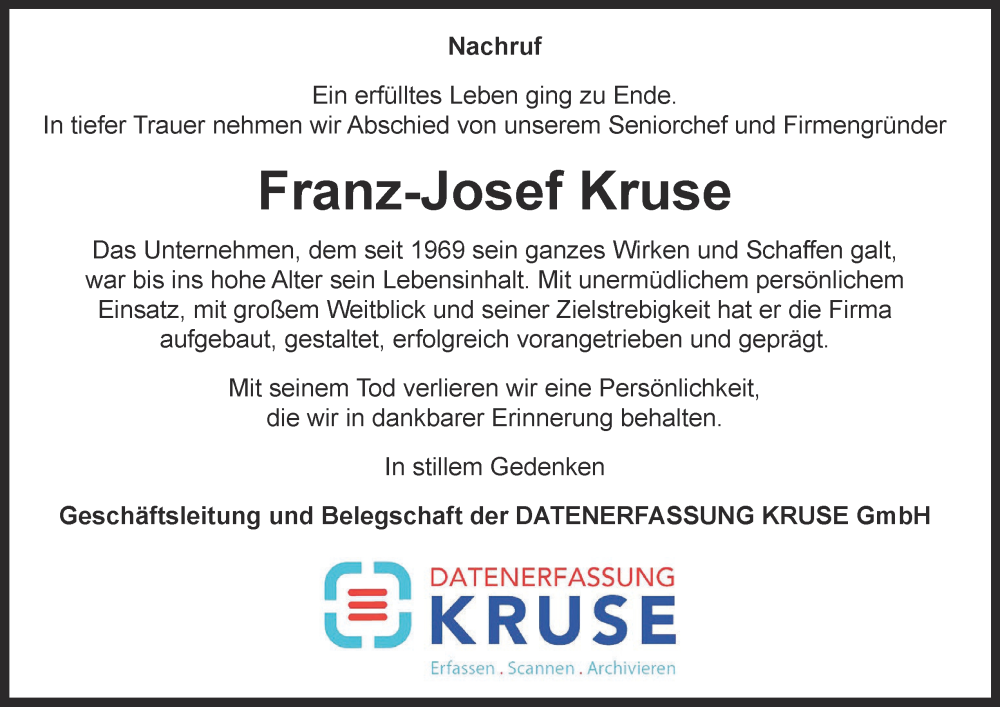  Traueranzeige für Franz-Josef Kruse vom 13.12.2025 aus Tageszeitung