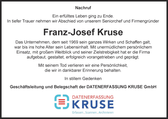 Traueranzeige von Franz-Josef Kruse von Tageszeitung