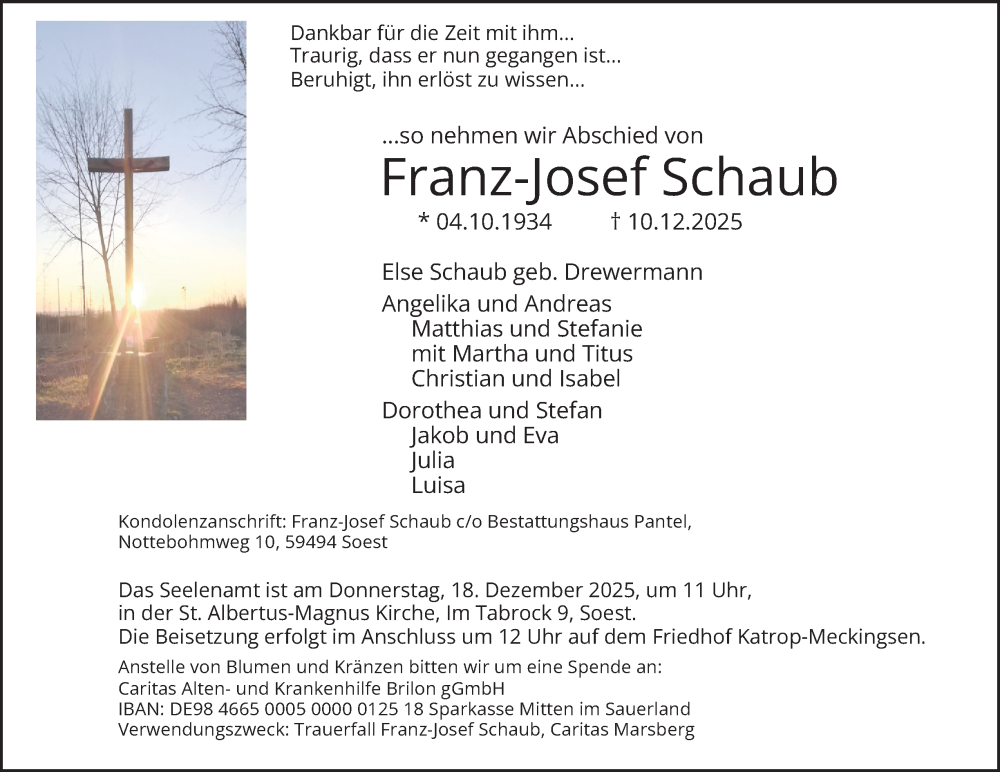  Traueranzeige für Franz-Josef Schaub vom 16.12.2025 aus Tageszeitung
