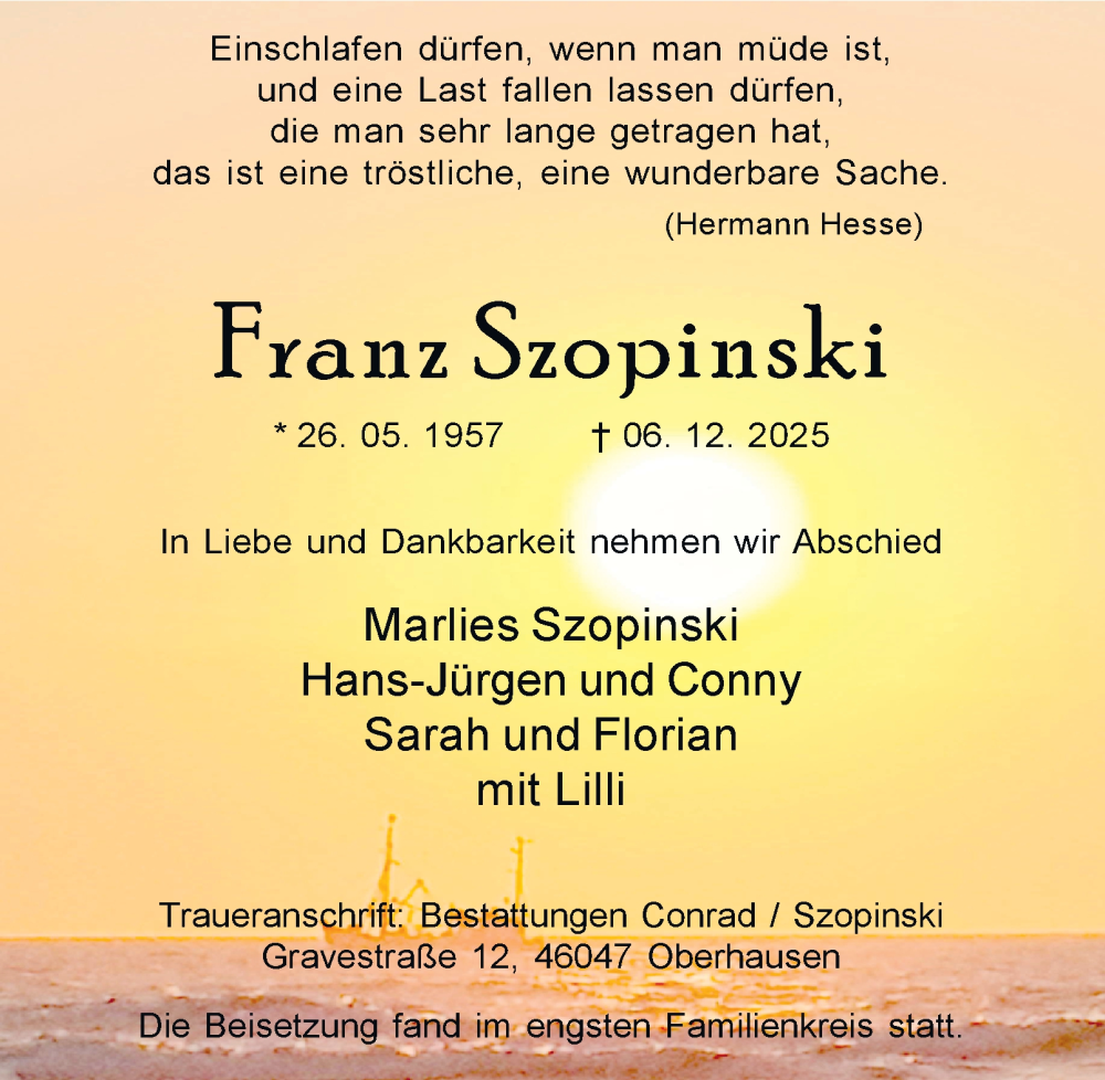  Traueranzeige für Franz Szopinski vom 27.12.2025 aus Tageszeitung