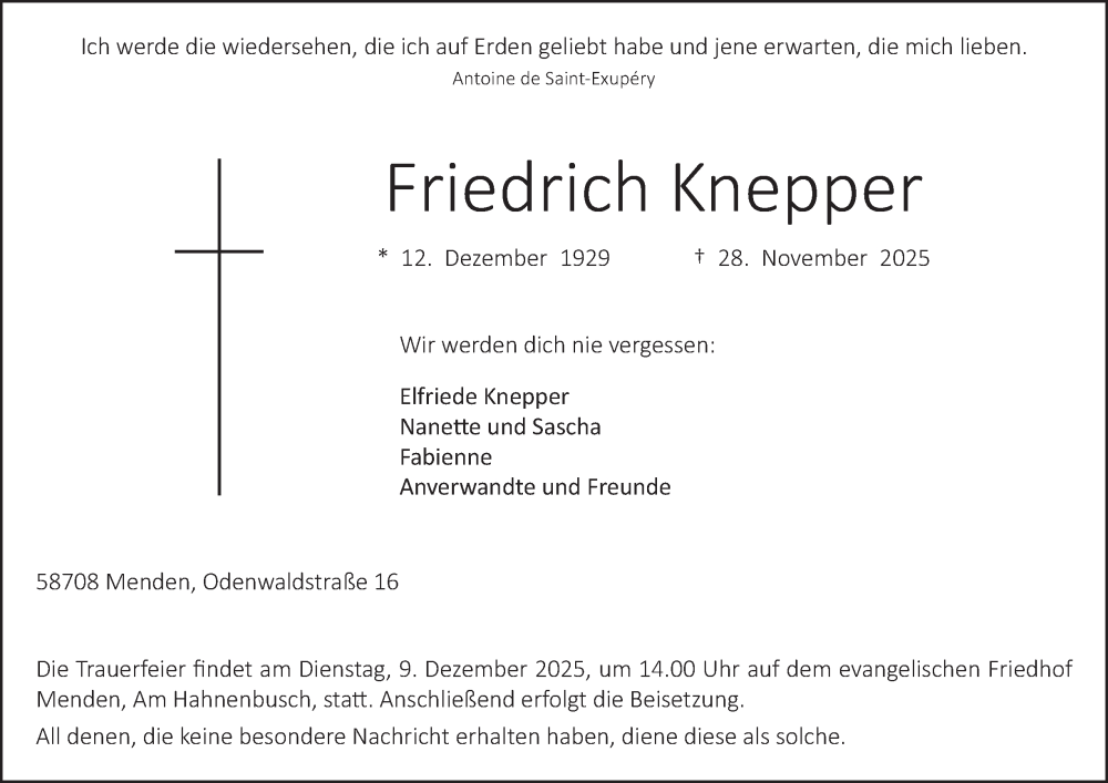  Traueranzeige für Friedrich Knepper vom 06.12.2025 aus Tageszeitung