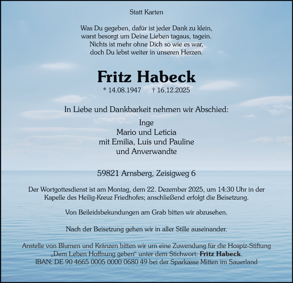  Traueranzeige für Fritz Habeck vom 20.12.2025 aus Tageszeitung