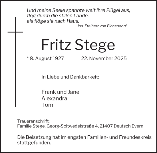 Traueranzeige von Fritz Stege von Tageszeitung