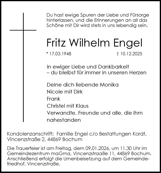Traueranzeige von Fritz Wilhelm Engel von Tageszeitung