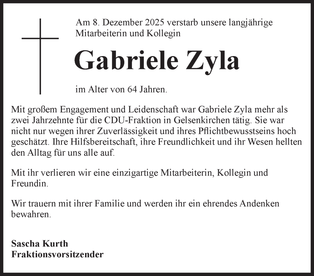  Traueranzeige für Gabriele Zyla vom 20.12.2025 aus Tageszeitung