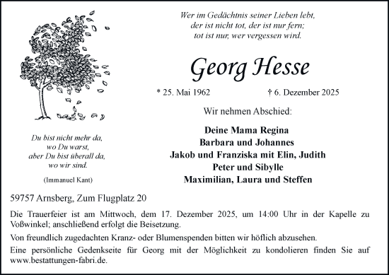 Traueranzeige von Georg Hesse von Tageszeitung