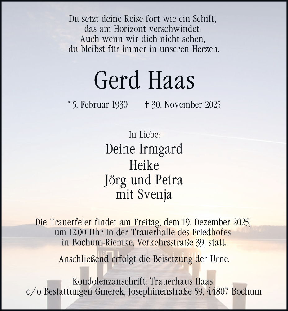  Traueranzeige für Gerd Haas vom 13.12.2025 aus Tageszeitung