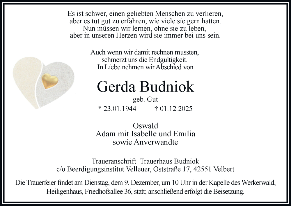  Traueranzeige für Gerda Budniok vom 06.12.2025 aus Tageszeitung