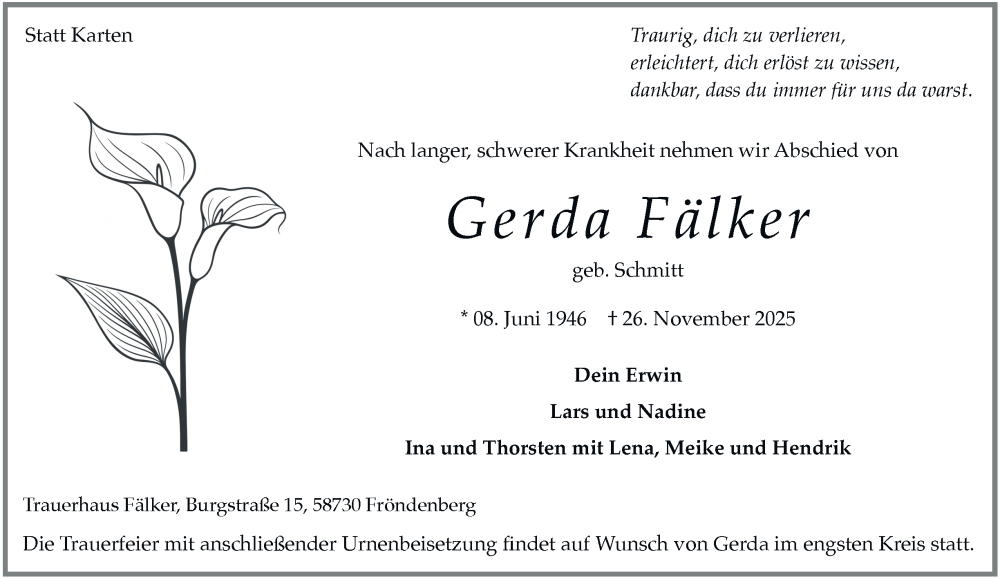  Traueranzeige für Gerda Fälker vom 06.12.2025 aus Tageszeitung