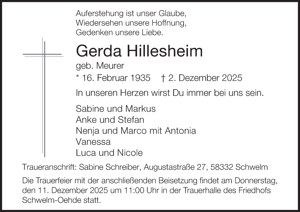  Traueranzeige für Gerda Hillesheim vom 06.12.2025 aus Tageszeitung
