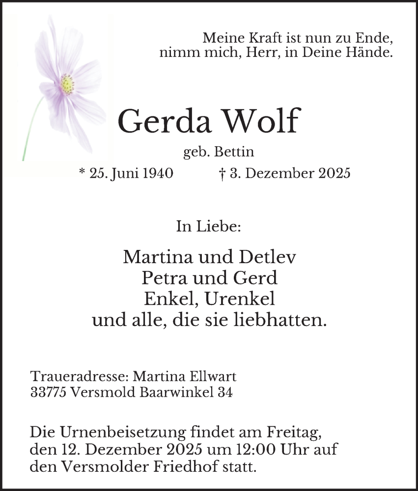  Traueranzeige für Gerda Wolf vom 11.12.2025 aus Tageszeitung