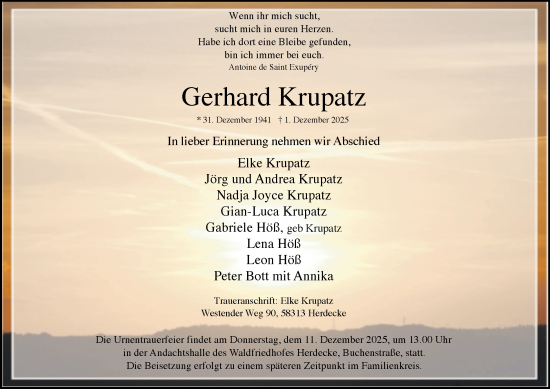 Traueranzeige von Gerhard Krupatz von Tageszeitung