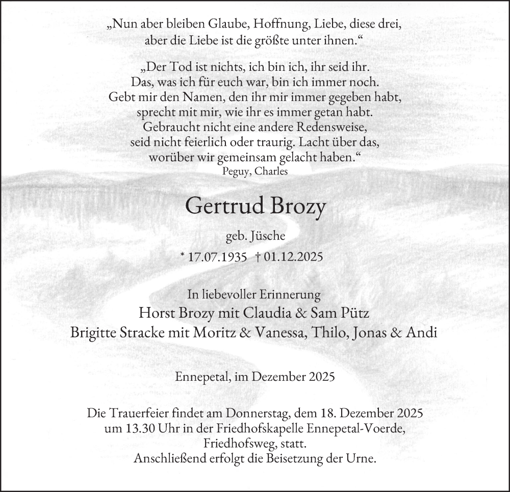  Traueranzeige für Gertrud Brozy vom 13.12.2025 aus Tageszeitung