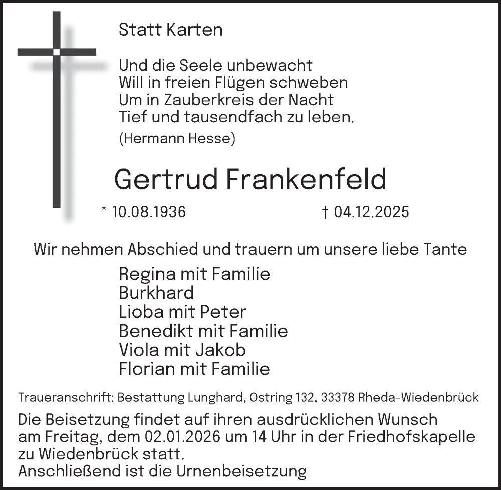  Traueranzeige für Gertrud Frankenfeld vom 27.12.2025 aus Tageszeitung
