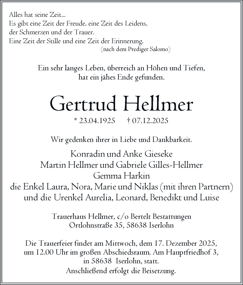  Traueranzeige für Gertrud Hellmer vom 13.12.2025 aus Tageszeitung