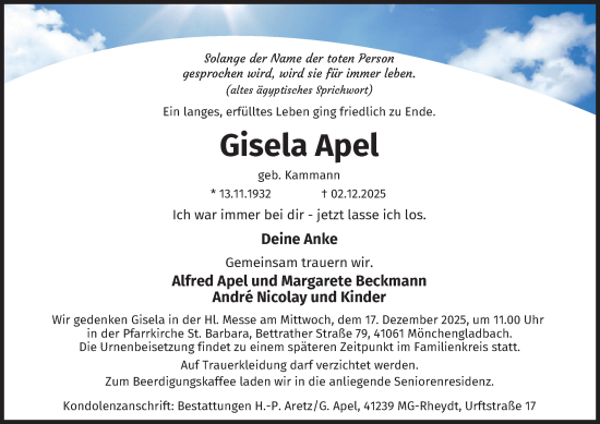 Traueranzeige von Gisela Apel von Tageszeitung
