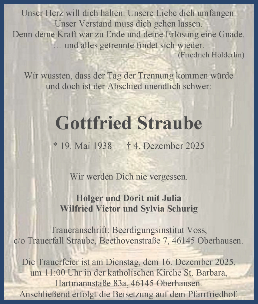  Traueranzeige für Gottfried Straube vom 13.12.2025 aus Tageszeitung