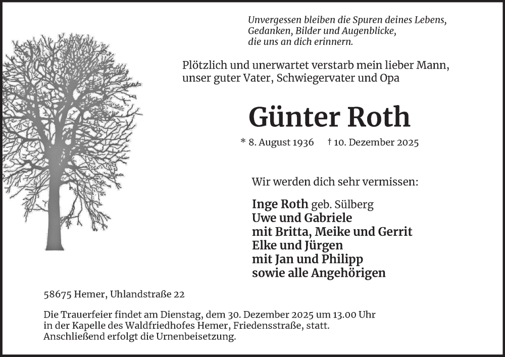  Traueranzeige für Günter Roth vom 20.12.2025 aus Tageszeitung
