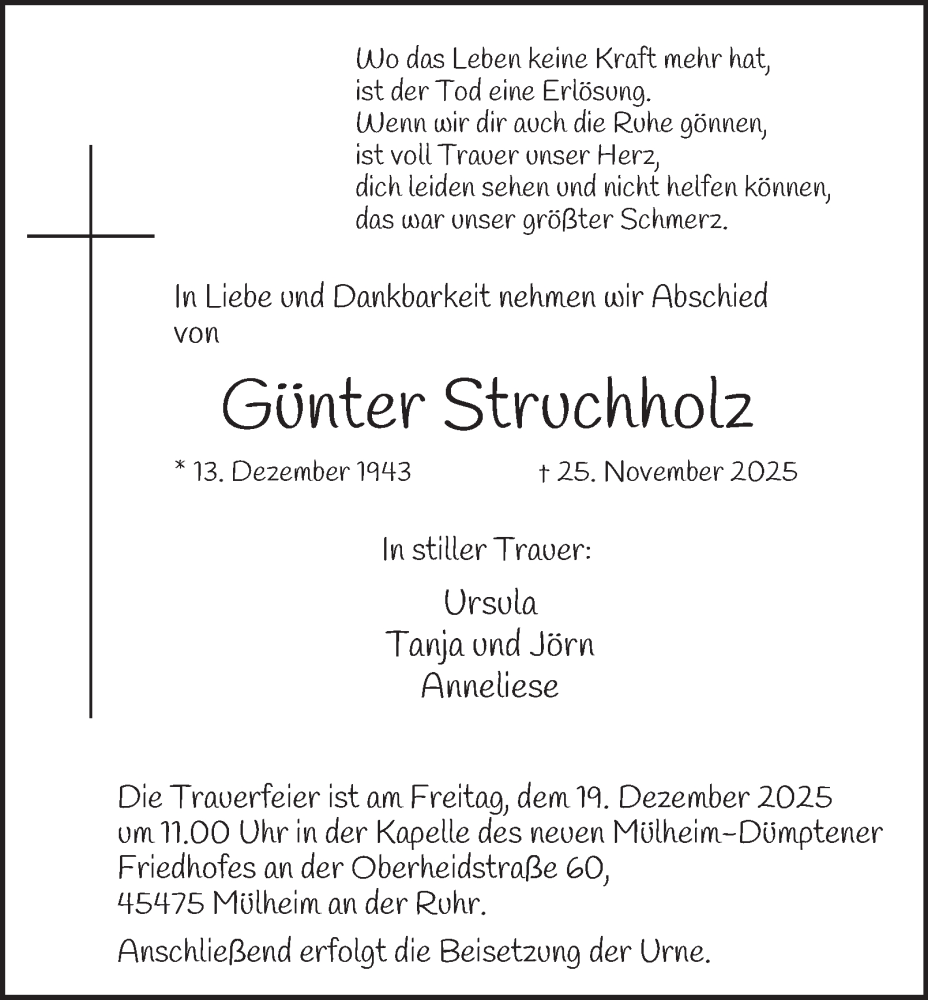  Traueranzeige für Günter Struchholz vom 13.12.2025 aus Tageszeitung