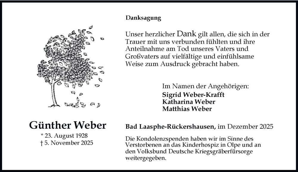  Traueranzeige für Günther Weber vom 20.12.2025 aus Tageszeitung