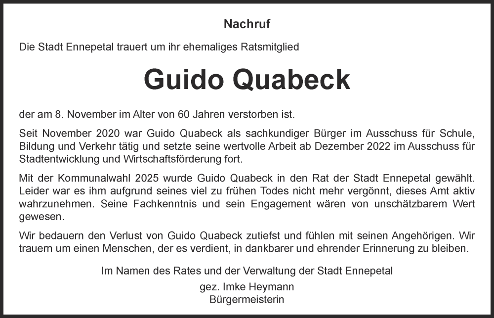  Traueranzeige für Guido Quabeck vom 06.12.2025 aus Tageszeitung