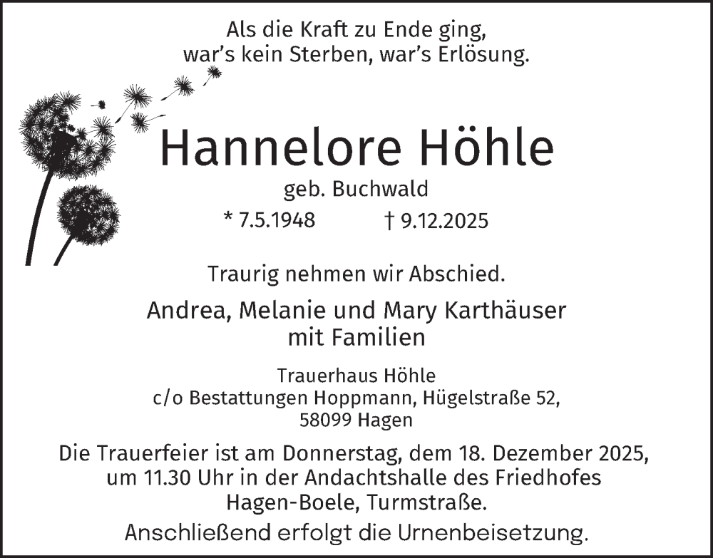  Traueranzeige für Hannelore Höhle vom 13.12.2025 aus Tageszeitung