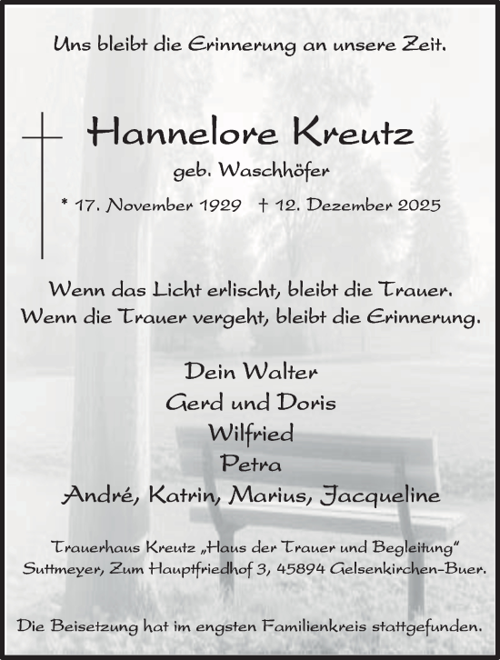 Traueranzeige von Hannelore Kreutz von Tageszeitung