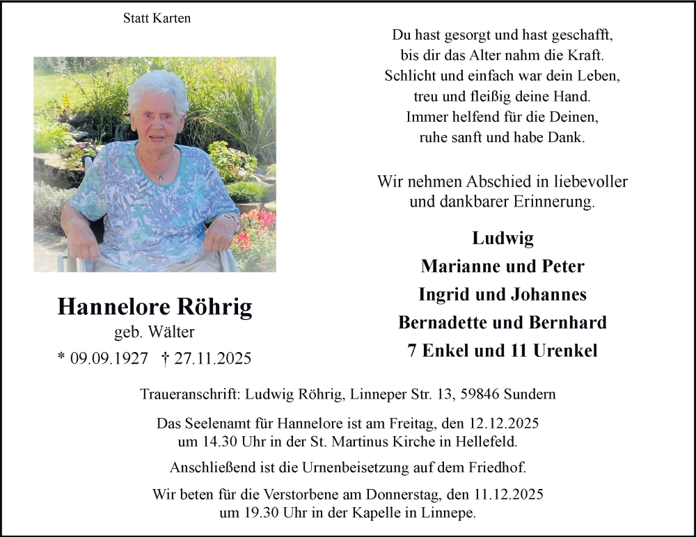  Traueranzeige für Hannelore Röhrig vom 03.12.2025 aus Tageszeitung