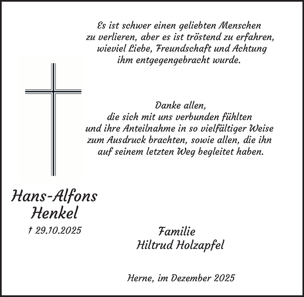  Traueranzeige für Hans-Alfons Henkel vom 20.12.2025 aus Tageszeitung