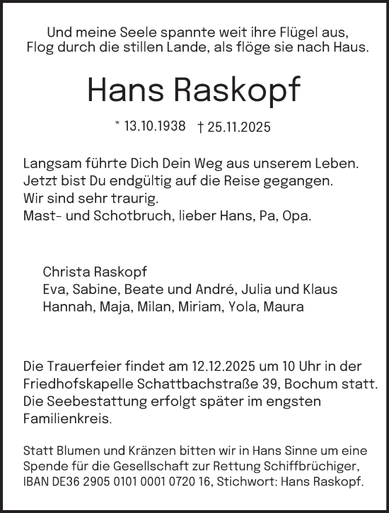 Traueranzeige von Hans Raskopf von Tageszeitung