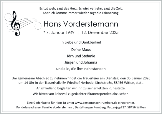 Traueranzeige von Hans Vorderstemann von Tageszeitung