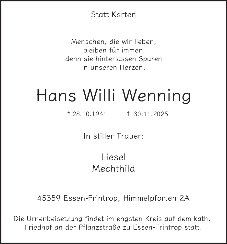  Traueranzeige für Hans Willi Wenning vom 06.12.2025 aus Tageszeitung