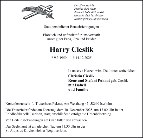 Traueranzeige von Harry Cieslik von Tageszeitung