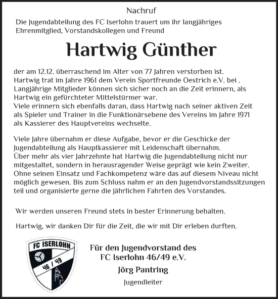 Traueranzeige von Hartwig Günther von Tageszeitung