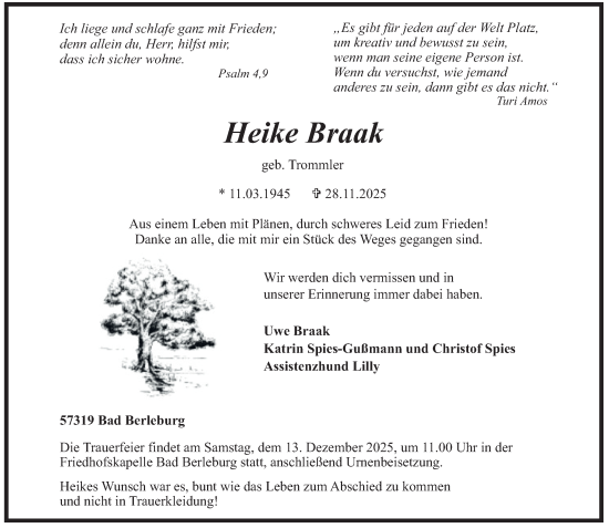 Traueranzeige von Heike Braak von Tageszeitung