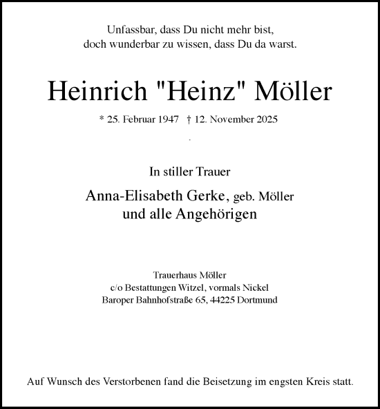 Traueranzeige von Heinrich Möller von Tageszeitung