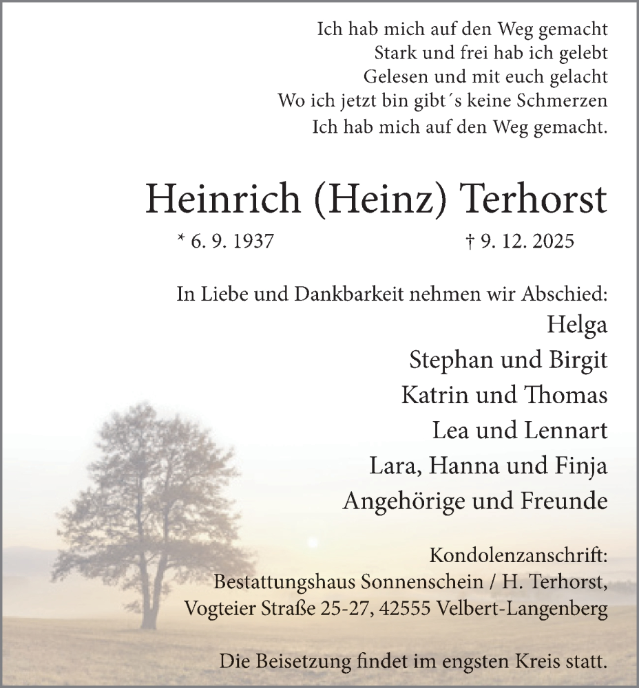  Traueranzeige für Heinrich Terhorst vom 20.12.2025 aus Tageszeitung