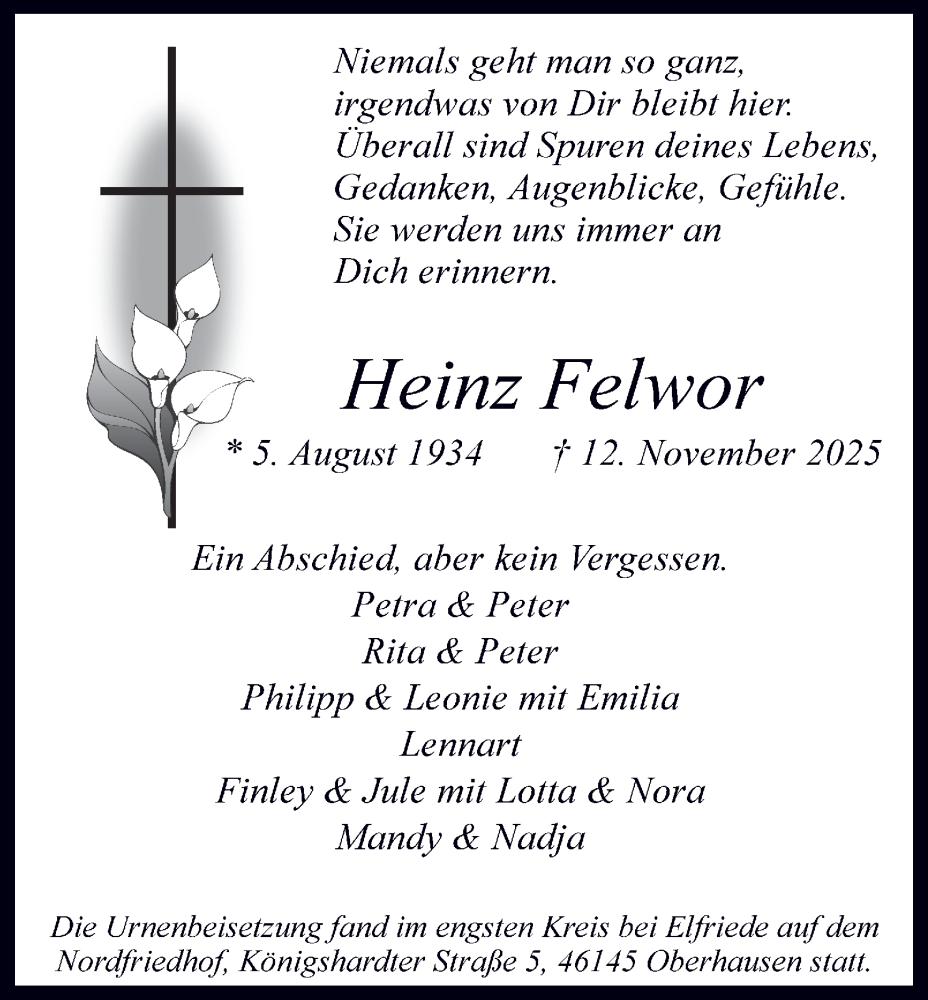  Traueranzeige für Heinz Felwor vom 06.12.2025 aus Tageszeitung