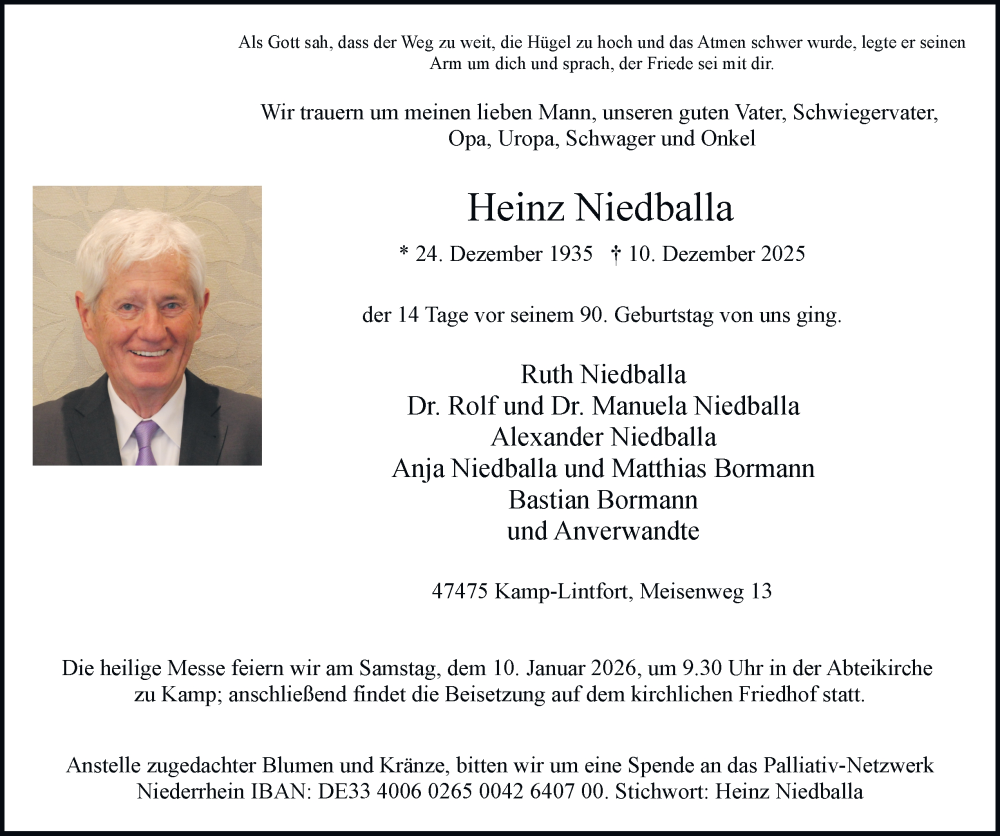  Traueranzeige für Heinz Niedballa vom 20.12.2025 aus Tageszeitung