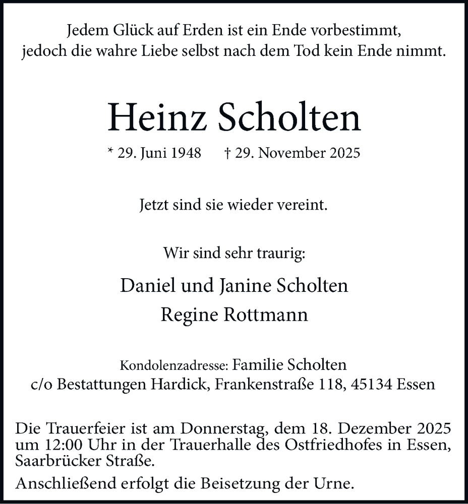  Traueranzeige für Heinz Scholten vom 13.12.2025 aus Tageszeitung