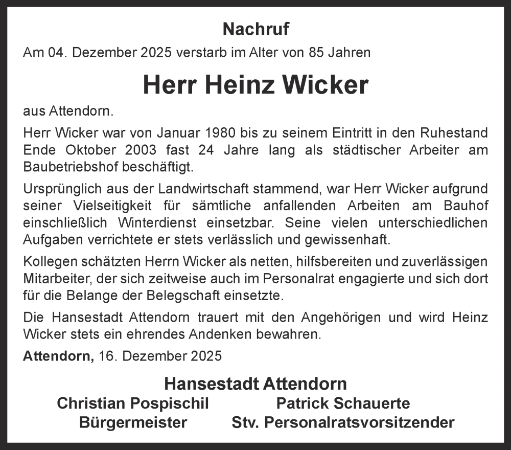  Traueranzeige für Heinz Wicker vom 19.12.2025 aus Tageszeitung