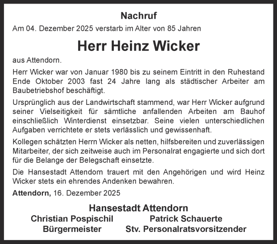 Traueranzeige von Heinz Wicker von Tageszeitung