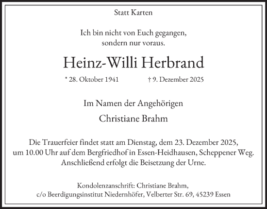 Traueranzeige von Heinz-Willi Herbrand von Tageszeitung