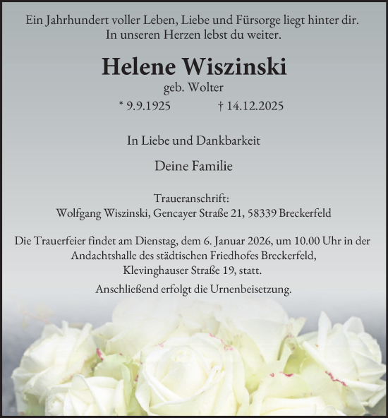 Traueranzeige von Helene Wiszinski von Tageszeitung