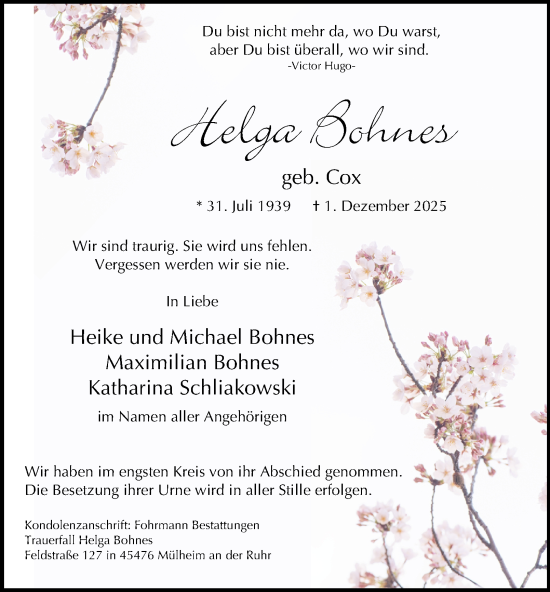 Traueranzeige von Helga Bohnes von Tageszeitung