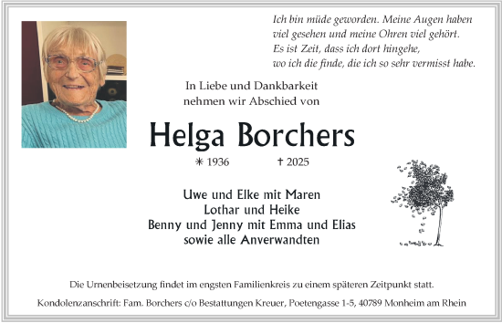Traueranzeige von Helga Borchers von Tageszeitung
