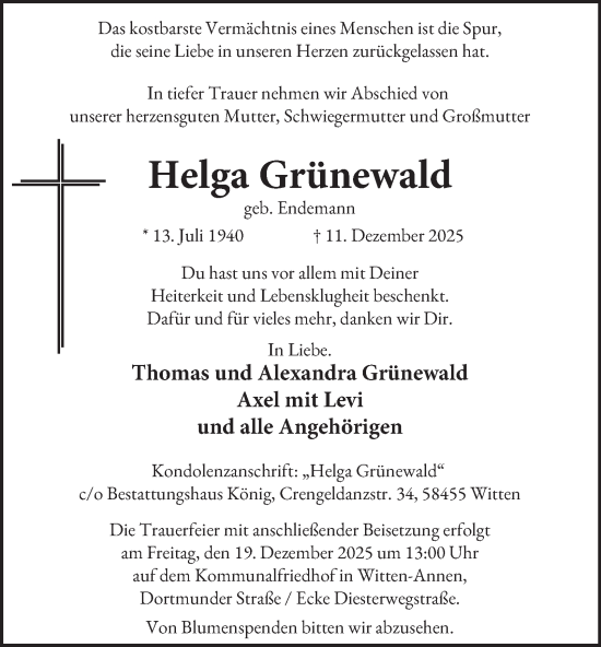Traueranzeige von Helga Grünewald von Tageszeitung